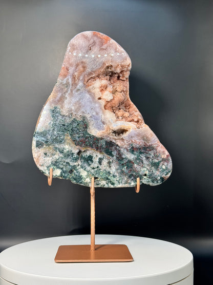 Pink Amethyst with Jasper and Sugar Druzy Freeform From Brazil with Stand