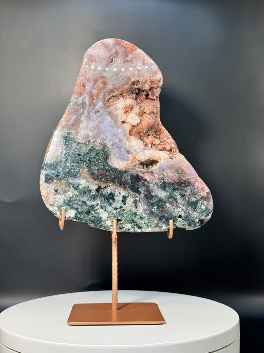 Pink Amethyst with Jasper and Sugar Druzy Freeform From Brazil with Stand