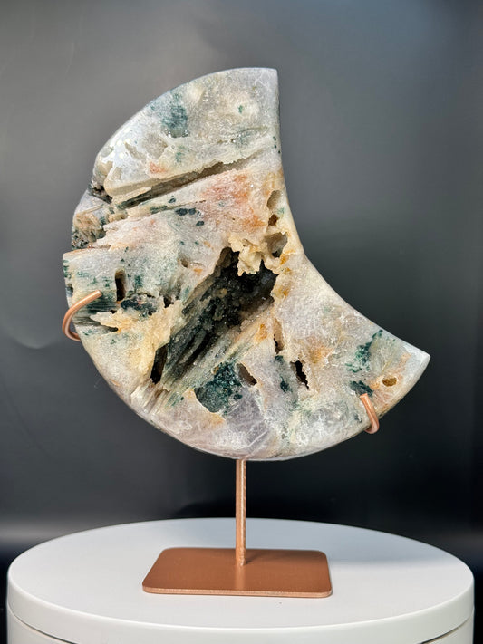 Moon Shaped Pink Amethyst with Green Jasper with Sugar with Stand