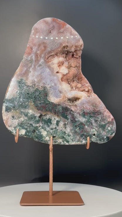 Pink Amethyst with Jasper and Sugar Druzy Freeform From Brazil with Stand