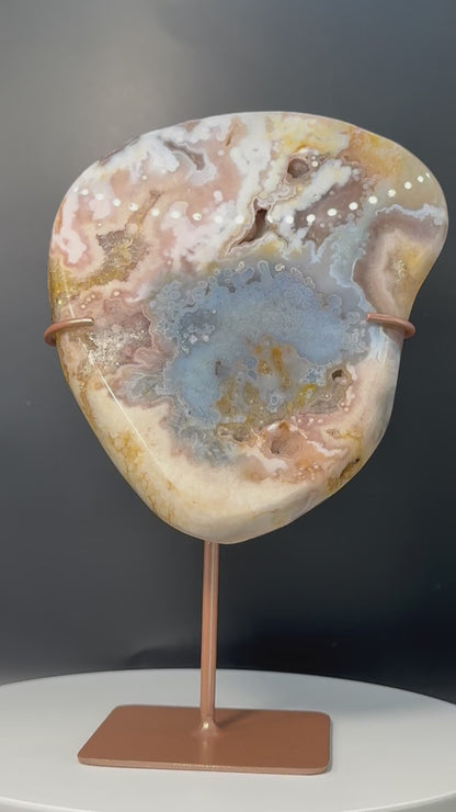 Pink Amethyst with Blue Agate and Crystals Freeform From Brazil with Stand